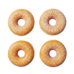 Six freshly baked golden-brown ring donuts, generously coated with sparkling granulated sugar, on a pristine transparent background with studio lighting. Commercial product photography concept
