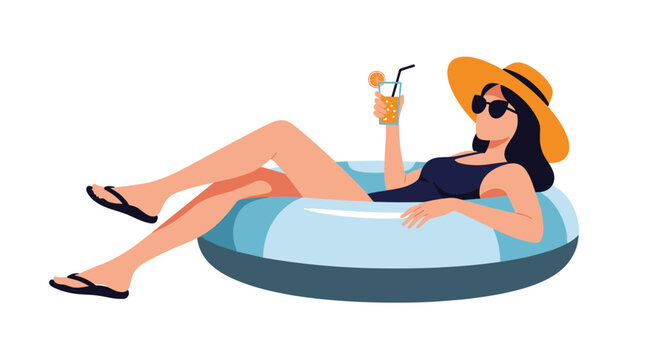 Woman relaxing on an inflatable swim ring in the water, wearing a hat and sunglasses, enjoying a refreshing drink during summer vacation.