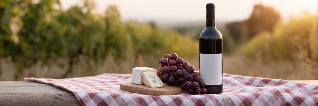 Picnic blanket, vineyard, wine bottle, grapes, cheese, sunset calm