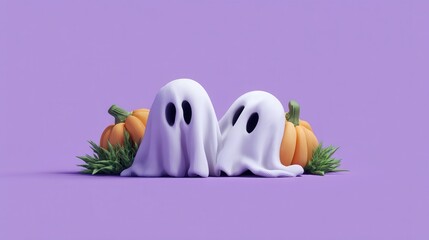 Cute Animated Ghosts with Pumpkins and Grass on a Purple Background