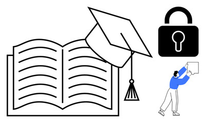 Education and security. Education ed by an open book and graduation cap, integrates with security through a lock icon. Education and security enhance modern learning, data protection. For e-learning