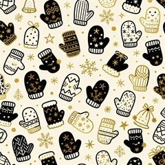 Charming Christmas Doodle Background Filled with Tiny Sketches of Mittens, Snowflakes, and Holiday Icons in Black and Gold