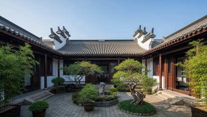 Traditional chinese courtyard architecture with lush garden