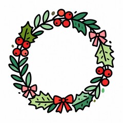Hand-Drawn Circular Christmas Wreath with Simple Leaves and Bows, Perfect for Holiday Decorations or Card Designs