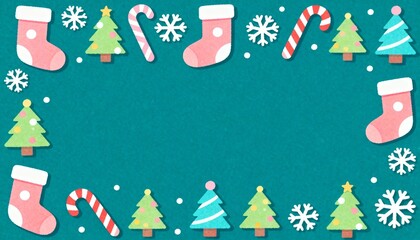 Colorful Christmas Doodle Frame with Various Simple Icons Including Stockings, Trees, Candy Canes, and Snowflakes