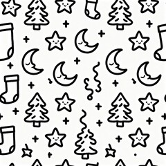 Cute Hand-Drawn Christmas Doodle Pattern Featuring Tiny Wobbly Trees, Sleeping Moons, Stars, and Stockings for Festive Designs