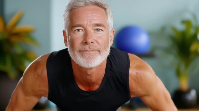Middle-aged athletic man performs steady push-ups on a training mat in a bright home setting as the camera moves from a low front angle to a close look showing his focused expression