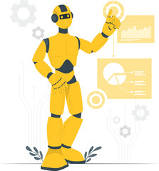 Yellow robot interacting with futuristic interface and charts android artificial intelligence