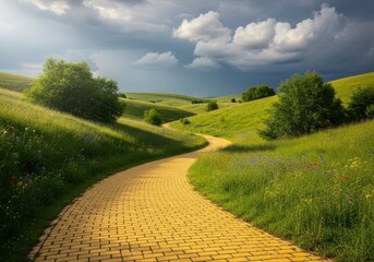 Winding yellow brick road through vibrant green rolling hills under cloudy sky