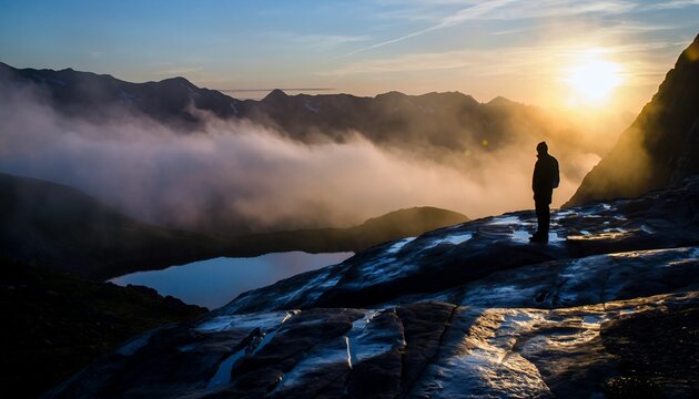 Silhouette of Person Standing on Rocky Mountain Edge During Sunrise in Misty Scenic Landscape