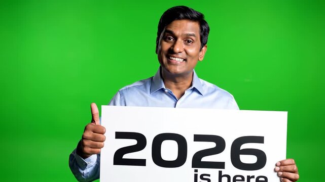Man holding a sign that says 2026 is here with a green screen background.