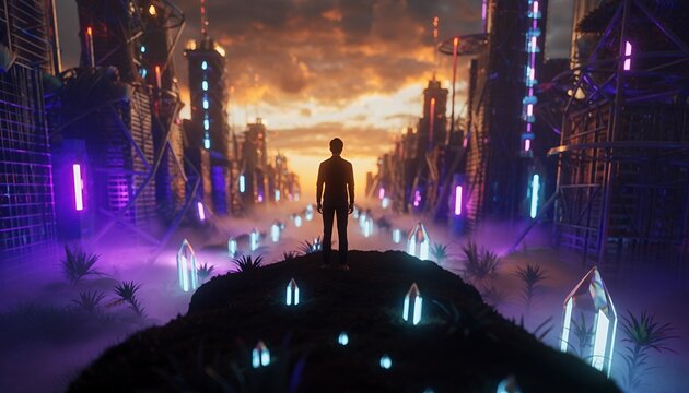 Silhouette of a Person Standing on a Neon Futuristic City Bridge at Sunset - Powered by Adobe