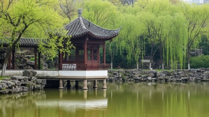 Naklejka premium Tranquil asian garden with traditional pavilion and reflective pond