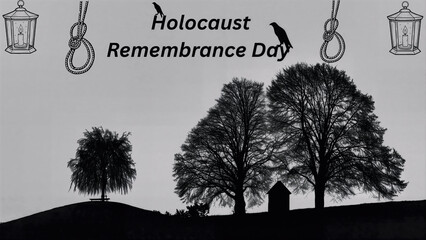 Holocaust remembrance day illustration with dark landscape trees lanterns and symbolic noose elements
