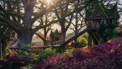 Enchanted Treehouse Village Surrounded by Vibrant Flowers at Sunset