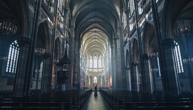 Grand Gothic Cathedral Interior with Tall Arched Ceilings and Stained Glass Windows