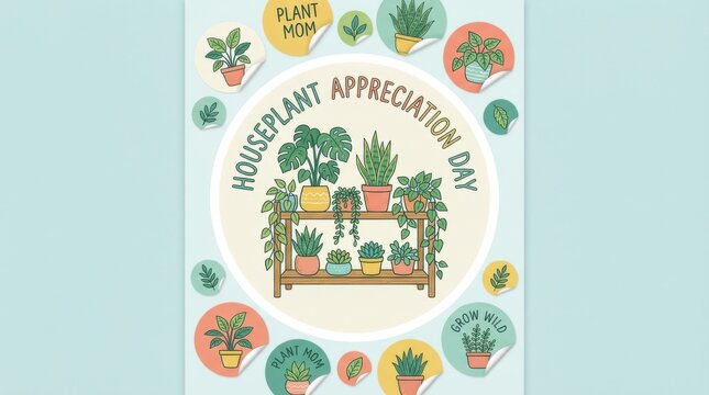 vibrant round sticker sheet template for houseplant appreciation day illustration template featuring shelf with different plants and leaves on simple pastel background with plenty of empty space
