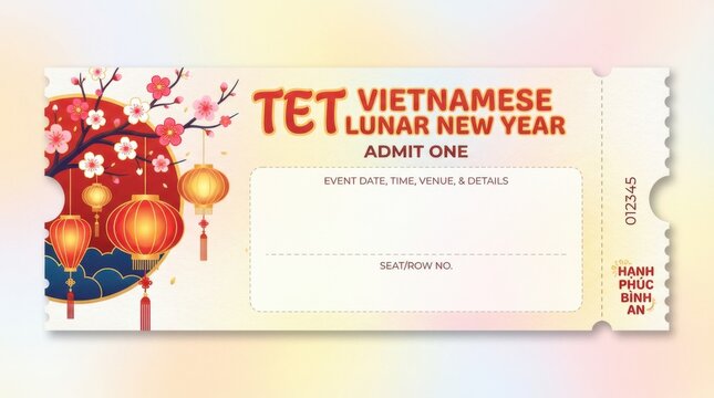 vibrant ticket design template for tet vietnamese lunar new year illustration template featuring peach blossom branch and lanterns on simple pastel background with plenty of empty space