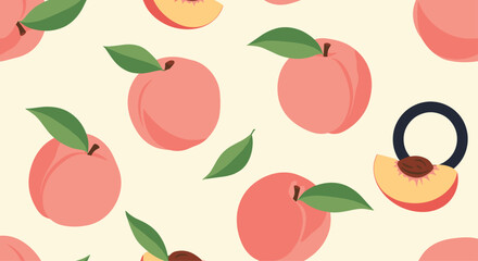 Seamless pattern of sweet pink peaches with green leaves, including whole fruits and slices, on a light yellow background.