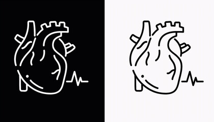 Anatomical heart icon with heartbeat line in black and white minimal outline style

