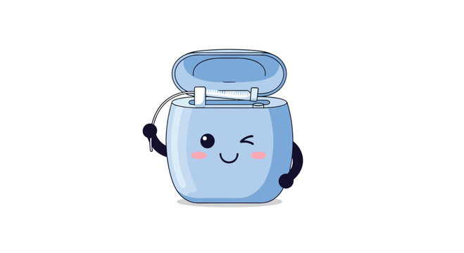 Cute kawaii dental floss character winking and holding a piece of floss, promoting oral hygiene and dental care for kids.