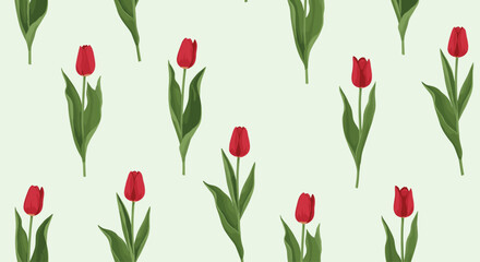 Obraz premium A lovely seamless floral pattern of red tulip flowers with green stems and leaves on a soft light green background vector.