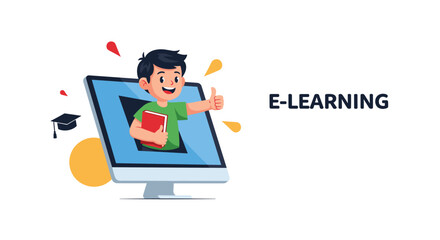 E-learning and online education concept banner with a happy boy student holding a book and giving a thumbs up from a computer.