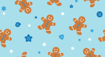 A festive and cute seamless Christmas pattern with gingerbread men, stars, and buttons on a light blue background vector.