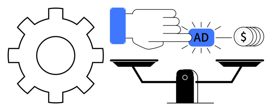 Digital marketing, cost analysis, automation, targeted ads, online business, decision making. Gear, hand pressing ad button and balanced scale with coins. Digital marketing and cost analysis concept