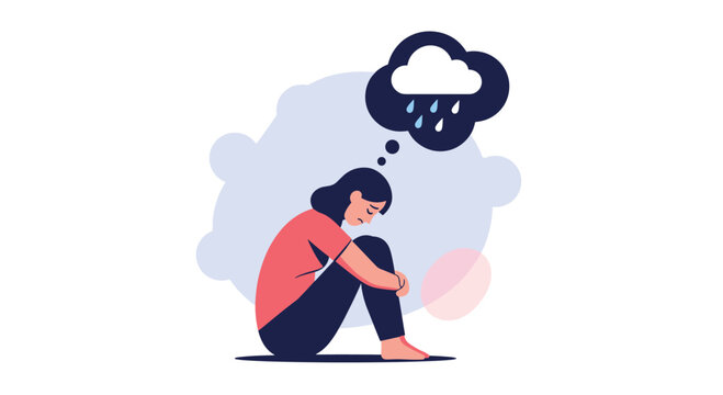 A sad woman sitting hunched over with a rain cloud thought bubble above her head, illustrating depression and mental health.