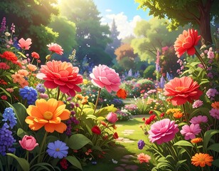 Vibrant flowers bloom in a lush, sun-drenched garden with a stone path leading through trees