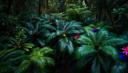 Lush Green Tropical Foliage with Bright Pink and Purple Flowers in Dense Forest Setting