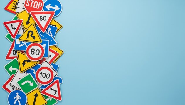 Various traffic and warning signs, including speed limits, turns, and stops, forming a vertical border on a light blue background, representing road rules and driver education