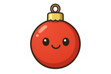 Cheerful red christmas ornament featuring a cute smiling kawaii face. Ideal for holiday decoration, celebration, and festive designs
