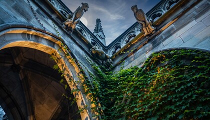 Gothic City Architecture with Gargoyle Statues and Ivy Climbing Stone Wall