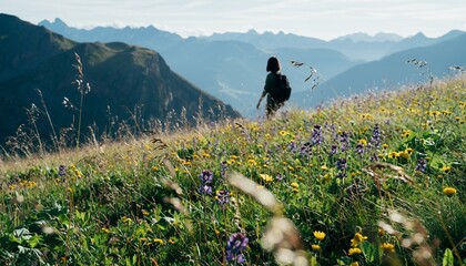 Hiker Woman Walking Through Mountain Meadow with Wildflowers and Scenic Mountain Range