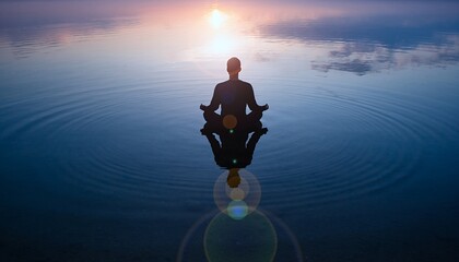 Meditating Person Sitting Cross Legged in Calm Water During Sunset