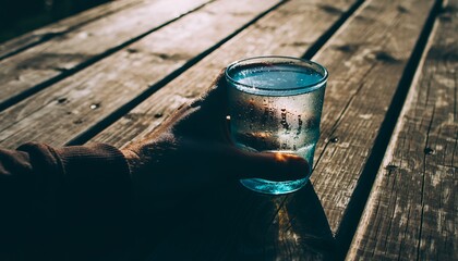 Hand Holding Glass of Cold Water on Wooden Table in Sunlight