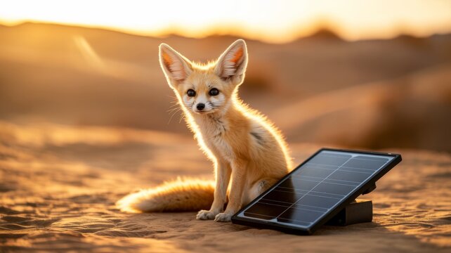 A fennec fox sits beside a solar panel in a desert landscape, capturing a moment that blends nature and renewable energy.