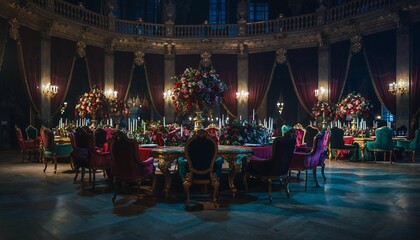 Luxurious Elegant Ballroom with Floral Centerpieces and Candlelit Chandeliers for Formal Events