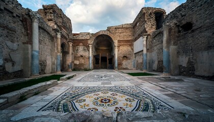 Ancient Roman Ruins with Colorful Mosaic Floor and Sky Background