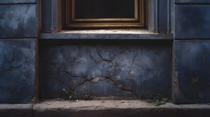 A dark weathered stone facade with deep cracks and a prominent window frame