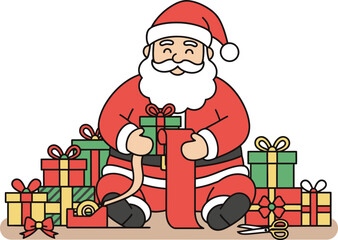 Santa claus preparing christmas gifts, checking his list in his workshop, surrounded by presents, spreading holiday cheer.