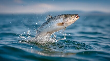 A fish is jumping out of the water. The water is blue and the fish is silver