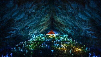 Bioluminescent Mushrooms Growing in Cave with Glowing Blue and Green Light