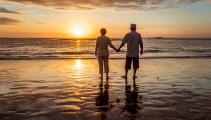 Couple Holding Hands Walking on Beach During Sunset in Warm Calm Scene