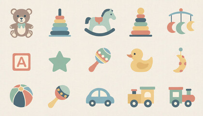 Cute baby toy icon collection designed for nursery products, designs, and creative projects, featuring playful, colorful, and child-friendly illustrations in a clean flat vector style
