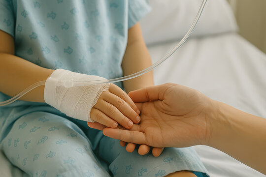 Caring adult holding sick child bandaged hand in hospital scene. moment of support, comfort and family love