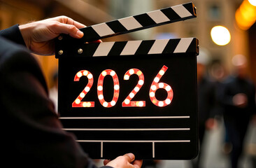 Male hands holding a clapper board with the numbers 2026, the symbol of the New year. Film making equipment. Concept of beginning of the New year, copy space