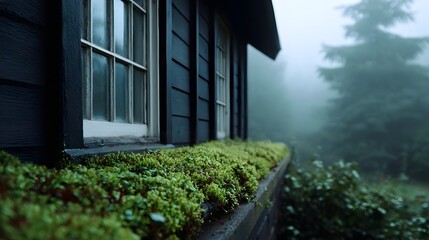 A dark wooden cabin with a moss covered ledge in a foggy atmospheric forest setting